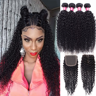 kinky curly 2/4 bundles with closure human hair